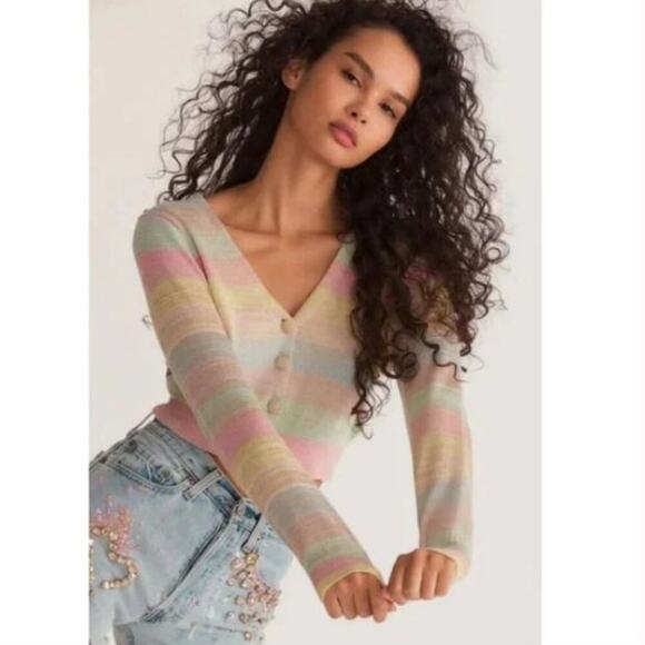 LoveShackFancy Asteria Stripe Crop Cardigan Sweater Pastel Striped Sz XS - Picture 2 of 10